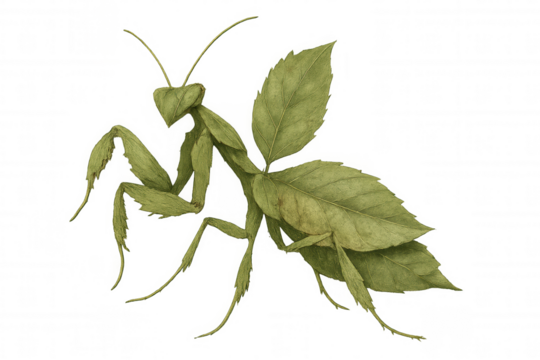 Praying mantis made of green leaves camouflaging, blending with nature, surreal insect concept on transparent background