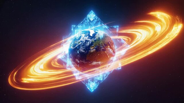 dramatic cosmic environment surrounds Earth planet with swirling energy formations