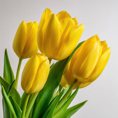 Yellow tulips with green stems in fresh spring side perspective on transparent background