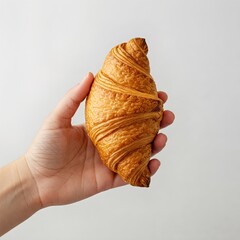 Hand Holding Fresh Golden Brown Croissant on White Background