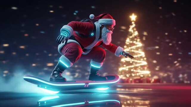 Santa Claus Riding Futuristic Hoverboard With Glowing Lights Near Christmas Tree At Night, Creative Holiday Animation Representing Modern Celebration, Innovation, And Joyful Festive Energy Christmas