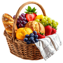 A woven basket overflowing with fresh fruits and bread, set on a white cloth