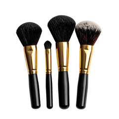 Four makeup brushes with golden ferrules and black and white bristles, isolated on black