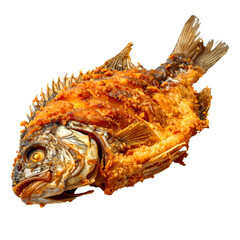 Crispy golden fried fish, whole and perfectly cooked, scales visible. Transparent background
