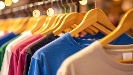 Display of colorful t-shirts on wooden hangers - Powered by Adobe