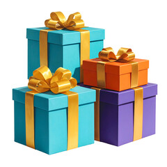 Stack of colorful gift boxes, tied with golden ribbons, on transparent background