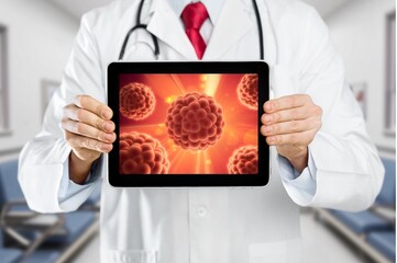 Hemoglobin concept. Doctor demonstrates cells.