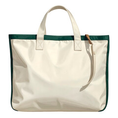 Cream & green tote bag, large, rectangular, two handles, tan accent, against a black background