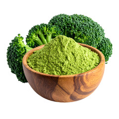 Fresh broccoli head behind a wooden bowl filled with vibrant green powder