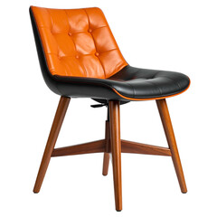 Sleek chair with orange, black, and wood. Tufted back, wooden legs, modern style
