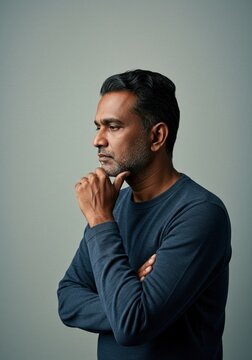 Thoughtful Man Portrait in Blue Sweater, Deep in Contemplation, Side Profile Photography