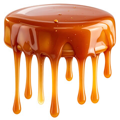 A glistening, golden caramel cube with flowing drips against a transparent background