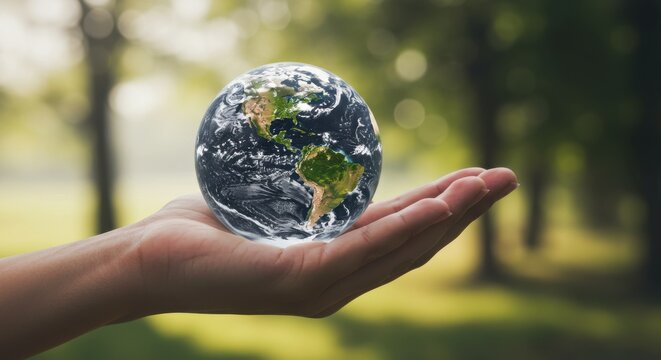 Earth globe in human hand against blurred green nature background.
