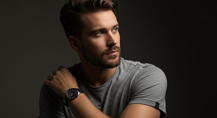 Obraz premium Portrait of a Thoughtful Man Wearing a Watch in Studio Lighting, Perfect for Lifestyle and Fashion Concepts