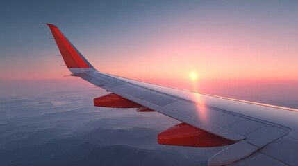 Obraz premium Aerial View of Airplane Wing at Sunset Over Mountain Landscape with Colorful Sky and Gentle Clouds, Capturing the Beauty of Travel and Adventure