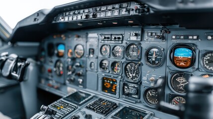 Detailed View of an Airplane Cockpit Control Panel Featuring Multiple Instruments and Displays Illustrating Flight Operations and Navigation Systems