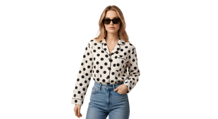 Woman in polka dot shirt and sunglasses poses confidently.
