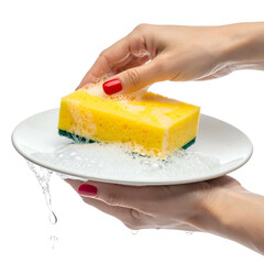 Hands washing a white plate with a yellow sponge, soap suds and water droplets