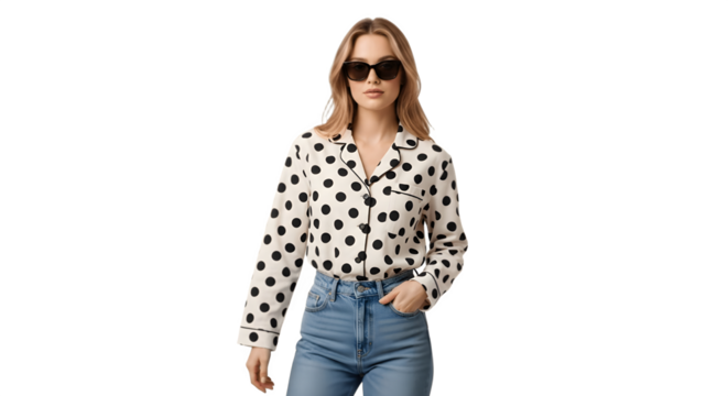 Woman in polka dot shirt and sunglasses poses confidently.
