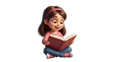 Young girl engrossed in reading a book with a happy expression.