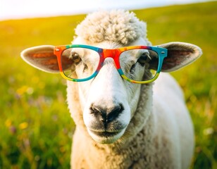 Sheep in colorful glasses in a field