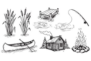 A collection of handdrawn illustrations depicting a serene lakeside scene with a canoe, campfire, and rustic cabin, isolated on transparent background