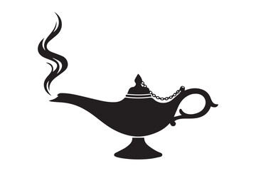 Black silhouette of a magic genie lamp with smoke rising isolated on transparent background