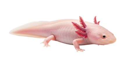 A pink leucistic axolotl salamander isolated on a clean white background.