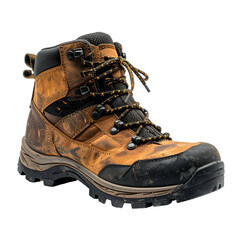 Rugged, weathered hiking boot with mixed materials, brown leather, and contrasting laces