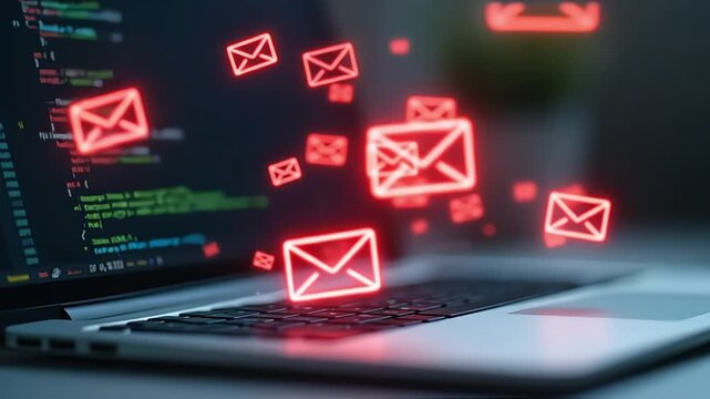 Laptop screen displaying code with glowing red email icons floating above keyboard