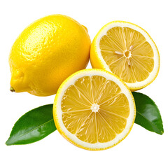 A whole lemon, and two halves with green leaves on black. Bright yellow citrus fruit