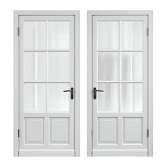 Two identical white doors with glass panels and black handles, against a black background