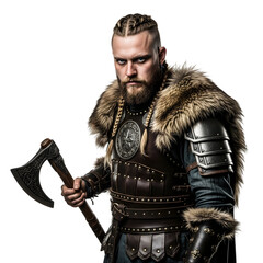 Fototapeta premium Viking Warrior Portrait Serious Norseman with Axe Fur Costume Brave Historical