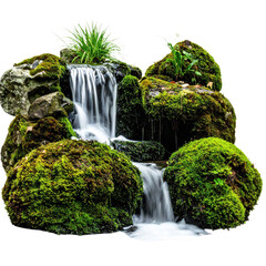 Realistic jungle waterfall with rocks and green plants isolated on transparent background