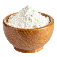A wooden bowl overflowing with fluffy, white powder, likely flour, sits on a dark background