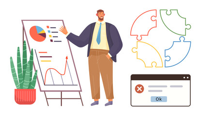 Professional analyzing trends on a flipchart with colorful pie chart and graph, aligned puzzle pieces, and error popup. Ideal for business growth, teamwork, analytics, leadership, strategy