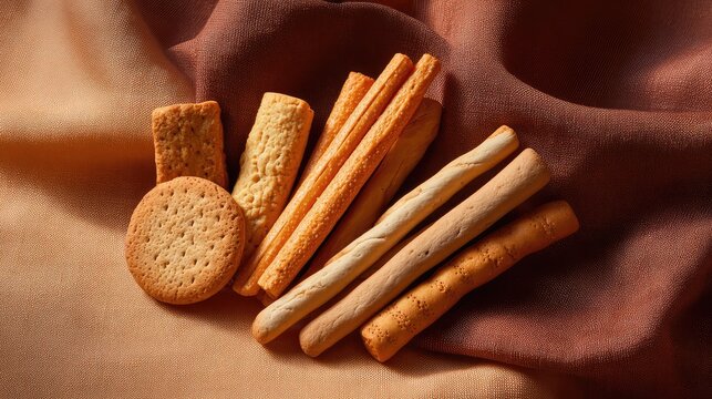 Assorted Cookies and Biscuit Sticks on Warm Textured Background with Earthy Tones Perfect for Baking or Snack-Themed Photography Projects