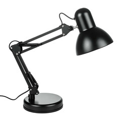 A black adjustable desk lamp on a black base with a domed shade, isolated on black