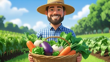 An animated illustration of a cheerful farmer standing in a lush green field with a basket filled with a variety of fresh vegetables.