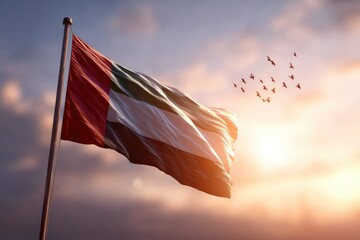 UAE flag waving at sunset with flock of birds casting a warm glow over a cloudy sky