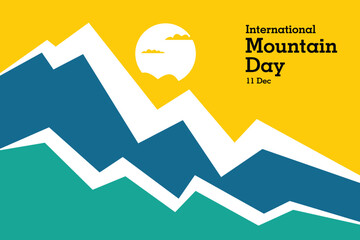 Flat vector illustration for International Mountain Day on December 11, featuring abstract colorful mountains and a bright yellow background with sun and clouds.