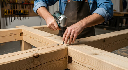 Skilled woodworker assembling a wooden frame structure with a power drill in a professional carpentry workshop