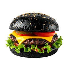 A delicious-looking burger with a black bun, colorful toppings, and beef patty against a dark background