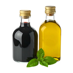 Two small glass bottles, one dark liquid, one golden, with basil sprig, on transparent background