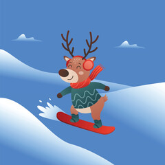 Cute Reindeer Snowboarding in Winter – Flat Vector Cartoon Illustration