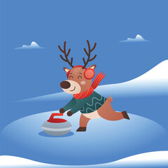 Reindeer Playing Curling in Winter – Cute Flat Vector Cartoon Illustration