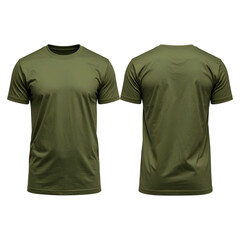 Olive drab t-shirt, front and back view, plain design, short sleeves, round neck