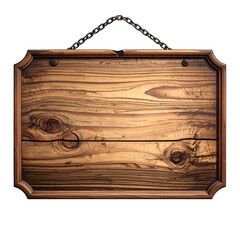 Wooden hanging sign with a rustic aesthetic, dark stained with knots and chain