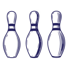 Vector illustration of three bowling pins in a vintage hand drawn engraving style