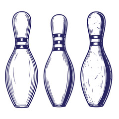 Vector illustration of three bowling pins in a vintage hand drawn engraved style